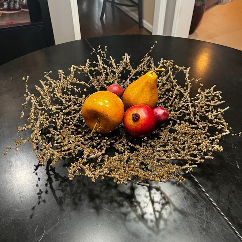 NEW Pottery Barn Amber Bead Wrapped Metal Branch Wreath Centerpiece Bowl 20” HTF